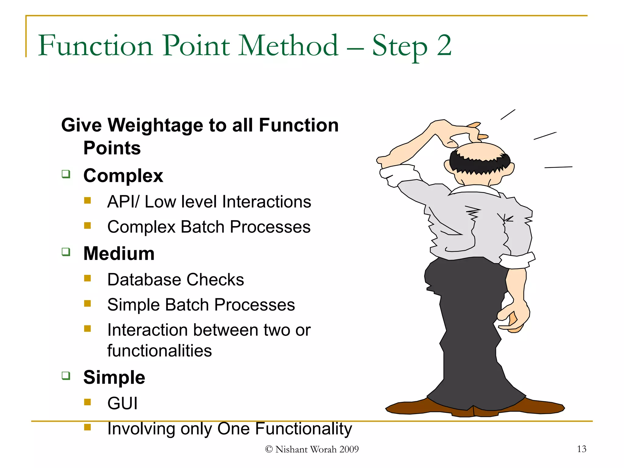 Function Point Method – Step 2 Give Weightage to all Function Points Complex API/ Low level Interactions Complex Batch Processes Medium Database Checks Simple Batch Processes Interaction between two or functionalities Simple GUI Involving only One Functionality 
