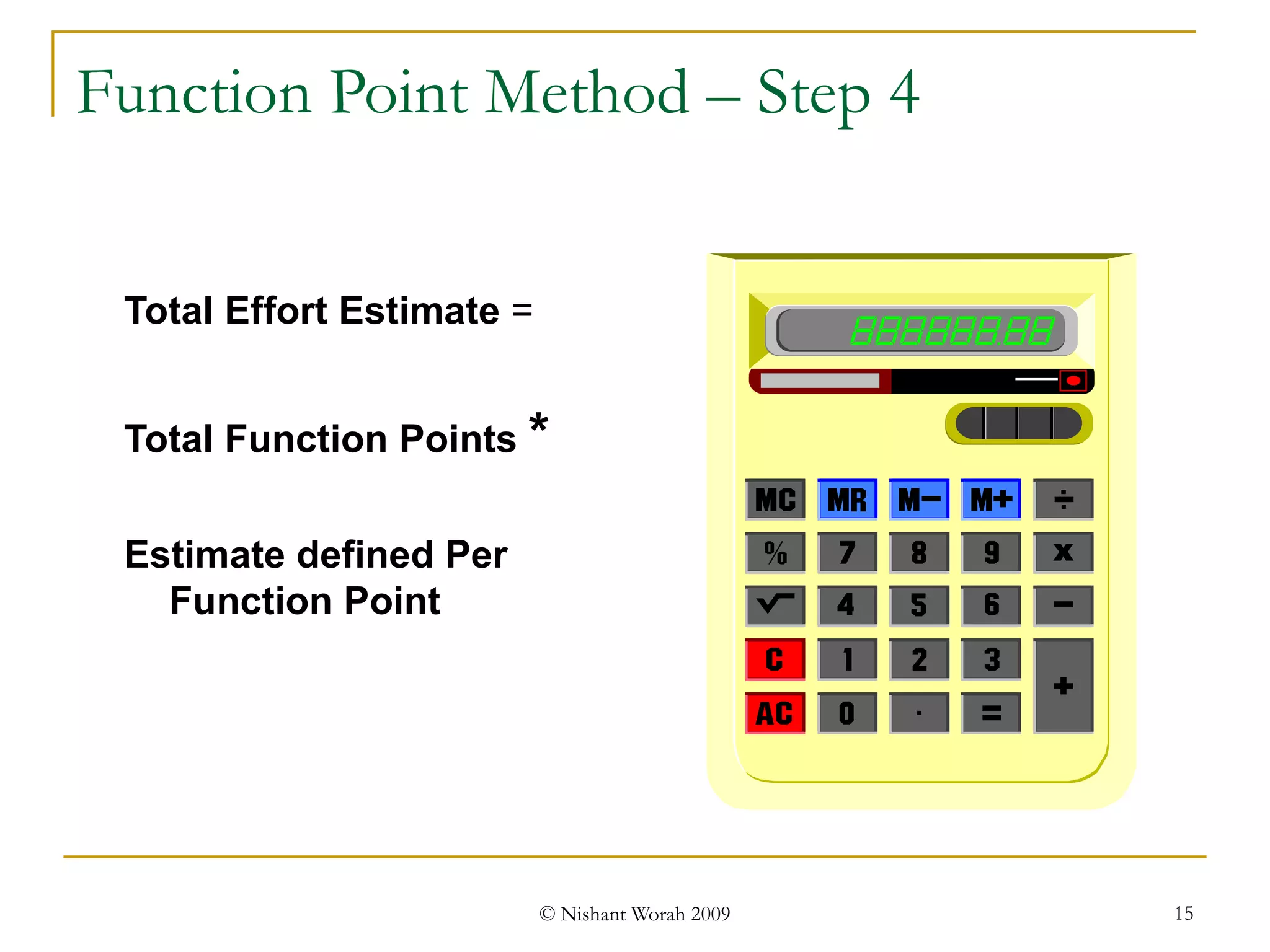 Function Point Method – Step 4 Total Effort Estimate  =  Total Function Points   *   Estimate defined Per Function Point 