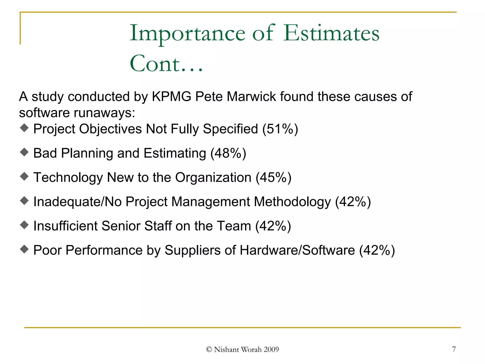 Importance of Estimates Cont… A study conducted by KPMG Pete Marwick found these causes of software runaways: Project Objectives Not Fully Specified (51%)  Bad Planning and Estimating (48%)  Technology New to the Organization (45%)  Inadequate/No Project Management Methodology (42%)  Insufficient Senior Staff on the Team (42%)  Poor Performance by Suppliers of Hardware/Software (42%) 