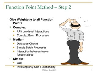 Function Point Method – Step 2 Give Weightage to all Function Points Complex API/ Low level Interactions Complex Batch Processes Medium Database Checks Simple Batch Processes Interaction between two or functionalities Simple GUI Involving only One Functionality 