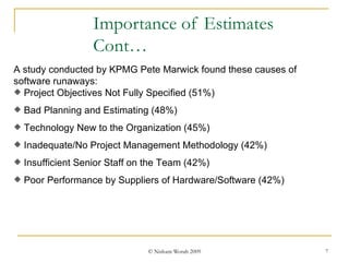 Importance of Estimates Cont… A study conducted by KPMG Pete Marwick found these causes of software runaways: Project Objectives Not Fully Specified (51%)  Bad Planning and Estimating (48%)  Technology New to the Organization (45%)  Inadequate/No Project Management Methodology (42%)  Insufficient Senior Staff on the Team (42%)  Poor Performance by Suppliers of Hardware/Software (42%) 