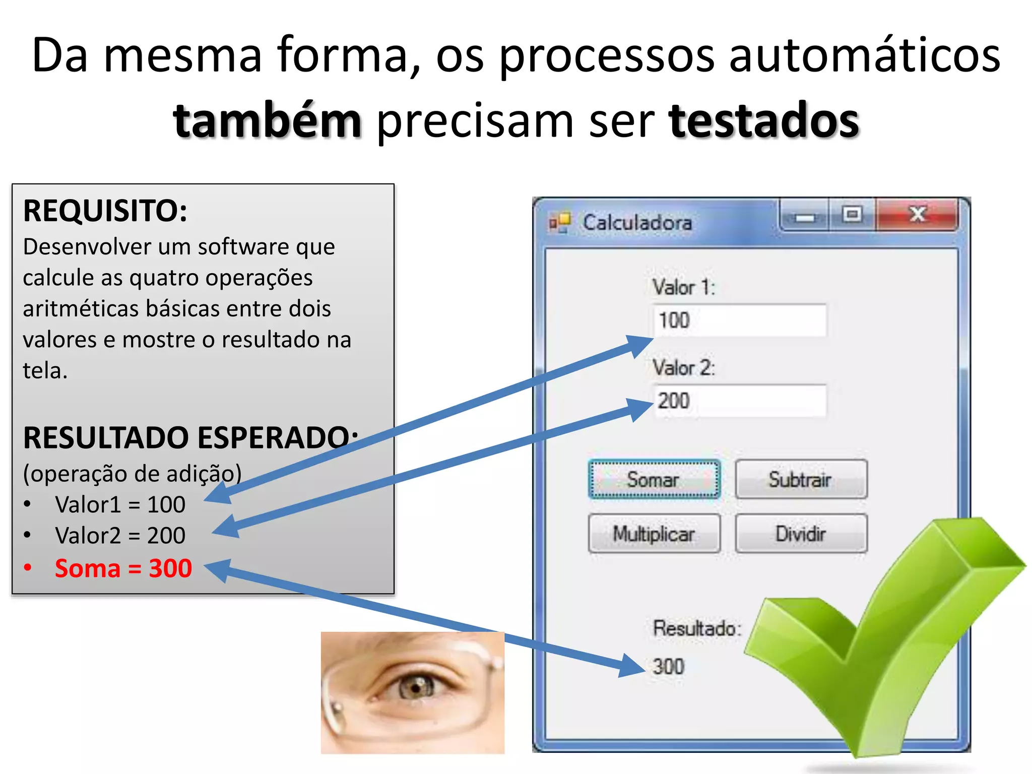 Da mesma forma, os processos automáticos
também precisam ser testados
REQUISITO:
Desenvolver um software que
calcule as quatro operações
aritméticas básicas entre dois
valores e mostre o resultado na
tela.
RESULTADO ESPERADO:
(operação de adição)
• Valor1 = 100
• Valor2 = 200
• Soma = 300
 