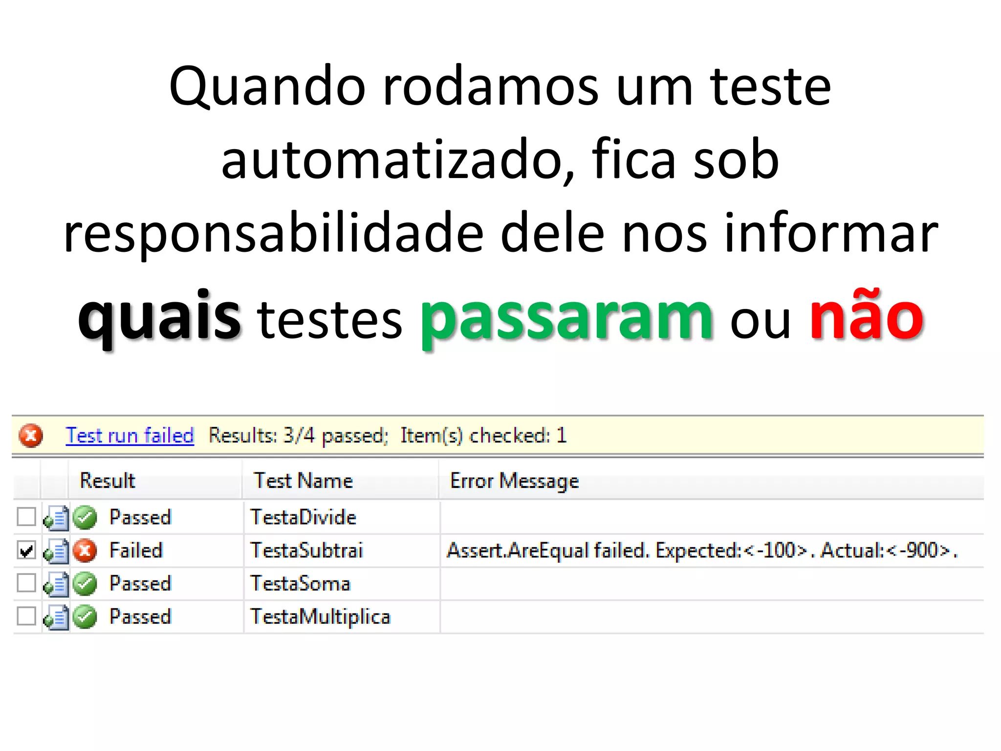 Quando rodamos um teste
automatizado, fica sob
responsabilidade dele nos informar
quais testes passaram ou não
 