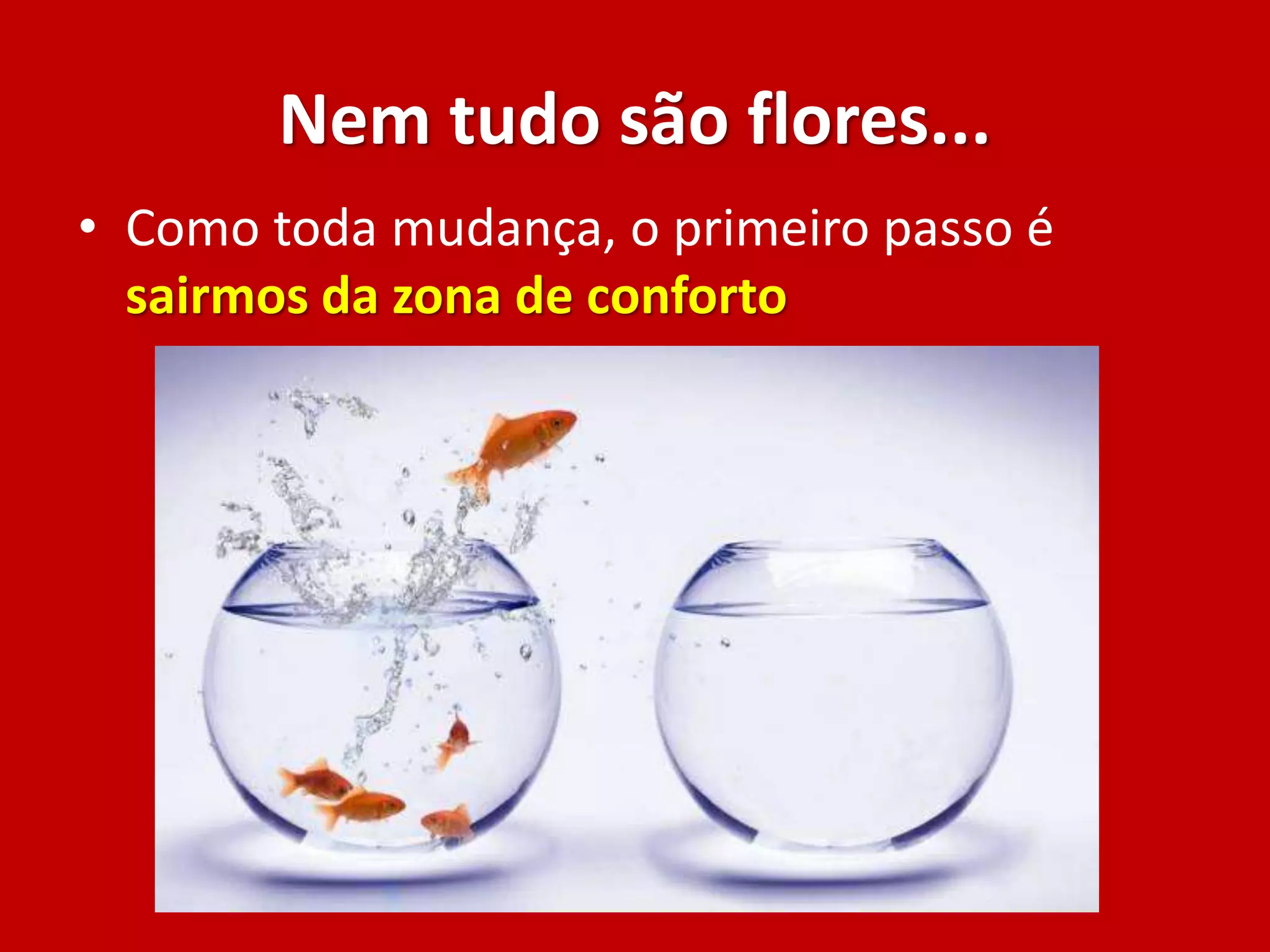 Nem tudo são flores...
• Como toda mudança, o primeiro passo é
sairmos da zona de conforto
 