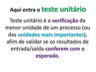 Aqui entra o teste de unidade
É a verificação da menor unidade
de um processo (ou das unidades
mais importantes), afim de
validar se os resultados de
entrada/saída conferem com o
esperado.
 