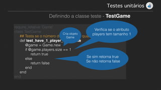 Testes unitários!
Deﬁnindo a classe teste - TestGame
require_relative ‘Game'
class TestGame
## Testa se o número de players é 1 quando iniciada a classe
def test_have_1_player_on_create
@game = Game.new
if @game.players.size == 1
return true
else
return false
end
end
end
Cria objeto
Game
Veriﬁca se o atributo
players tem tamanho 1
Se sim retorna true
Se não retorna false
 
