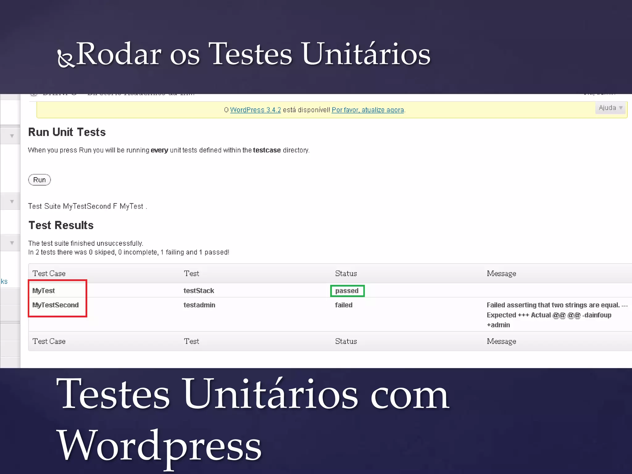 Rodar os Testes Unitários
 Fazer o download;
 Em plugins fazer o upload e ativar o mesmo;
 Logo a seguinte opção será ativada:
Testes Unitários com
Wordpress
 