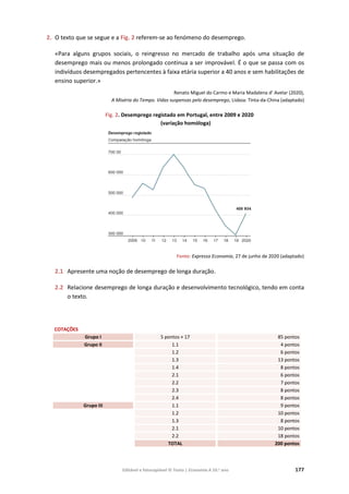Editável e fotocopiável © Texto | Economia A 10.o
ano 177
2. O texto que se segue e a Fig. 2 referem-se ao fenómeno do desemprego.
«Para alguns grupos sociais, o reingresso no mercado de trabalho após uma situação de
desemprego mais ou menos prolongado continua a ser improvável. É o que se passa com os
indivíduos desempregados pertencentes à faixa etária superior a 40 anos e sem habilitações de
ensino superior.»
Renato Miguel do Carmo e Maria Madalena d’ Avelar (2020),
A Miséria do Tempo. Vidas suspensas pelo desemprego, Lisboa: Tinta-da-China (adaptado)
Fig. 2. Desemprego registado em Portugal, entre 2009 e 2020
(variação homóloga)
Fonte: Expresso Economia, 27 de junho de 2020 (adaptado)
2.1 Apresente uma noção de desemprego de longa duração.
2.2 Relacione desemprego de longa duração e desenvolvimento tecnológico, tendo em conta
o texto.
COTAÇÕES
Grupo I 5 pontos × 17 85 pontos
Grupo II 1.1 4 pontos
1.2 6 pontos
1.3 13 pontos
1.4 8 pontos
2.1 6 pontos
2.2 7 pontos
2.3 8 pontos
2.4 8 pontos
Grupo III 1.1 9 pontos
1.2 10 pontos
1.3 8 pontos
2.1 10 pontos
2.2 18 pontos
TOTAL 200 pontos
 