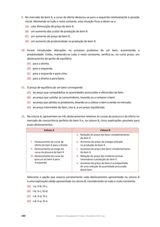 180 Editável e fotocopiável © Texto | Economia A 10.o
ano
9. No mercado do bem X, a curva da oferta deslocou‐se para a esquerda relativamente à posição
inicial. Mantendo‐se tudo o resto contante, esta situação ficou a dever‐se a
(A) uma diminuição do preço do bem X.
(B) um aumento dos custos de produção do bem X.
(C) um aumento do preço do bem X.
(D) um aumento de produtividade na produção do bem X.
10. Foram introduzidas alterações no processo produtivo de um bem, aumentando a
produtividade. Então, mantendo‐se tudo o resto constante, verifica‐se, no curto prazo, um
deslocamento do ponto de equilíbrio
(A) para a direita.
(B) para a esquerda.
(C) para a esquerda e para cima.
(D) para a direita e para baixo.
11. O preço de equilíbrio de um bem corresponde
(A) ao preço que compatibiliza as quantidades procuradas e oferecidas do bem.
(B) ao preço que satisfaz os consumidores, levando-os a comprar o bem.
(C) ao preço que satisfaz os produtores, levando-os a colocar o bem à venda no mercado.
(D) ao preço intermédio do bem, isto é, a um preço equilibrado.
12. Na coluna A, apresentam-se três deslocamentos relativos às curvas da procura e da oferta no
mercado de concorrência perfeita do bem X e, na coluna B, cinco explicações possíveis para
esses deslocamentos.
Coluna A Coluna B
I. Deslocamento da curva da
oferta do bem X para a direita
II. Deslocamento ao longo da
curva da procura do bem X
III. Deslocamento da curva da
procura do bem X para
a esquerda
a. Redução do preço dos bens complementares
do bem X
b. Aumento do preço da energia utilizada
na produção do bem X
c. Aumento do preço dos bens complementares
do bem X
d. Redução do preço das matérias-primas
necessárias à produção do bem X
e. Aumento do preço do bem X acompanhado
de uma redução da quantidade procurada
desse bem
Selecione a opção que associa corretamente cada deslocamento apresentado na coluna A
a uma explicação válida apresentada na coluna B, considerando-se tudo o resto constante.
(A) I-a; II-b; III-c.
(B) I-b; II-c; III-d.
(C) I-d; II-e; III-c.
(D) I-d; II-a; III-e.
 