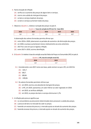 Editável e fotocopiável © Texto | Economia A 10.o
ano 185
6. Numa situação de inflação
(A) verifica-se o aumento dos preços de alguns bens e serviços.
(B) ocorre uma subida do nível geral de preços.
(C) os bens e serviços duplicam de preço.
(D) os bens e serviços aumentam todos de preço.
7. Observe o Quadro 1, relativo à variação dos preços no país X.
Quadro 1. Taxas de variação do IPC (em %) – base 2011
2016 2017 2018 2019 2020
1,8 2,1 1,9 1,0 -0,7
A observação dos valores fornecidos permite afirmar que
(A) entre 2016 e 2020, observaram-se períodos de aumento e de diminuição dos preços.
(B) em 2020, os preços aumentaram menos relativamente aos anos anteriores.
(C) 2017 foi o ano em que se registou inflação.
(D) entre 2017 e 2019, ocorreu desinflação.
8. O Quadro 2 é relativo à taxa de variação anual do Índice de Preços no Consumidor (IPC) no país A.
Quadro 2. IPC, taxa de variação anual (%)
2018 2019
2,4 -1,7
8.1 Considerando o ano 2017 como ano base, pode concluir-se que o IPC, em 2019 foi
(A) –101,7.
(B) 100,7.
(C) 100,66
(D) –100,66.
8.2 Os valores fornecidos permitem afirmar que
(A) em 2019, ocorreu uma descida do nível geral de preços.
(B) o IPC, em 2019, apresentou um valor inferior ao valor registado em 2018.
(C) em 2019, se verificou deflação.
(D) em 2019, os preços dos bens e serviços diminuiram 1,7%.
9. A inflação pela procura significa que
(A) os consumidores ao procurarem determinados bens provocam a subida dos preços.
(B) a procura de bens no mercado faz subir os preços.
(C) havendo um excesso de procura, o mercado ajusta-se através do aumento dos preços.
(D) havendo escassez de procura, o mercado ajusta-se através do aumento dos preços.
 