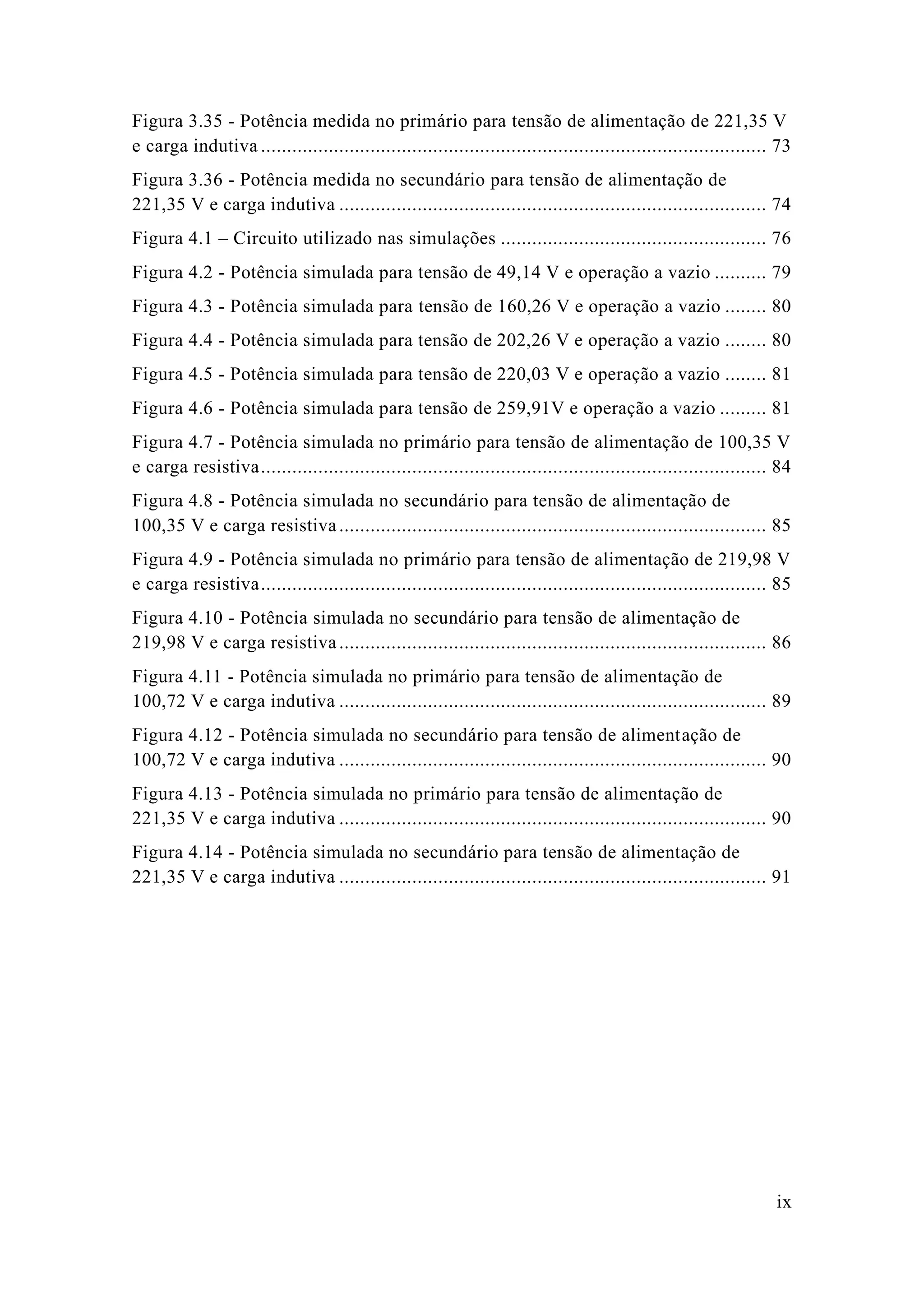 ix 
Figura 3.35 - Potência medida no primário para tensão de alimentação 221,35 V e carga indutiva ................................. 73 
Figura 3.36 - Potência medida no secundário para tensão de alimentação 221,35 V e carga indutiva .................................................. 74 
Figura 4.1 – Circuito utilizado nas simulações ................................................... 76 
Figura 4.2 - Potência simulada para tensão de 49,14 V e operação a vazio .......... 79 
Figura 4.3 - Potência simulada para tensão de 160,26 V e operação a vazio ........ 80 
Figura 4.4 - Potência simulada para tensão de 202,26 V e operação a vazio ........ 80 
Figura 4.5 - Potência simulada para tensão de 220,03 V e operação a vazio ........ 81 
Figura 4.6 - Potência simulada para tensão de 259,91V e operação a vazio ......... 81 
Figura 4.7 - Potência simulada no primário para tensão de alimentação 100,35 V e carga resistiva ................................. 84 
Figura 4.8 - Potência simulada no secundário para tensão de alimentação 100,35 V e carga resistiva .................................................. 85 
Figura 4.9 - Potência simulada no primário para tensão de alimentação 219,98 V e carga resistiva ................................. 85 
Figura 4.10 - Potência simulada no secundário para tensão de alimentação 219,98 V e carga resistiva .................................................. 86 
Figura 4.11 - Potência simulada no primário para tensão de alimentação 100,72 V e carga indutiva .................................................. 89 
Figura 4.12 - Potência simulada no secundário para tensão de alimentação de 100,72 V e carga indutiva .................................................. 90 
Figura 4.13 - Potência simulada no primário para tensão de alimentação 221,35 V e carga indutiva .................................................. 90 
Figura 4.14 - Potência simulada no secundário para tensão de alimentação 221,35 V e carga indutiva .................................................. 91 
 