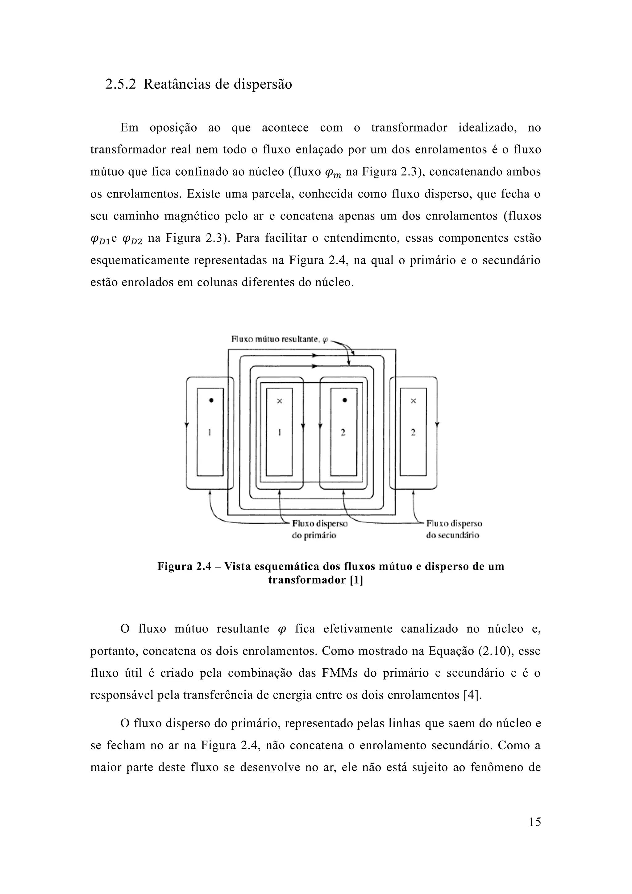 15 
2.5.2 Reatâncias de dispersão 
Em oposição ao que acontece com o transformador idealizado, no transformador real nem todo o fluxo enlaçado por um dos enrolamentos é o fluxo mútuo que fica confinado ao núcleo (fluxo 휑푚 na Figura 2.3), concatenando ambos os enrolamentos. Existe uma parcela, conhecida como fluxo disperso, que fecha o seu caminho magnético pelo ar e concatena apenas um dos enrolamentos (fluxos 휑퐷1e 휑퐷2 na Figura 2.3). Para facilitar o entendimento, essas componentes estão esquematicamente representadas na Figura 2.4, qual o primário e secundário estão enrolados em colunas diferentes do núcleo. 
Figura 2.4 – Vista esquemática dos fluxos mútuo e disperso de um transformador [1] 
O fluxo mútuo resultante 휑 fica efetivamente canalizado no núcleo e, portanto, concatena os dois enrolamentos. Como mostrado na Equação (2.10), esse fluxo útil é criado pela combinação das FMMs do primário e secundário o responsável pela transferência de energia entre os dois enrolamentos [4]. 
O fluxo disperso do primário, representado pelas linhas que saem do núcleo e se fecham no ar na Figura 2.4, não concatena o enrolamento secundário. Como a maior parte deste fluxo se desenvolve no ar, ele não está sujeito ao fenômeno de  