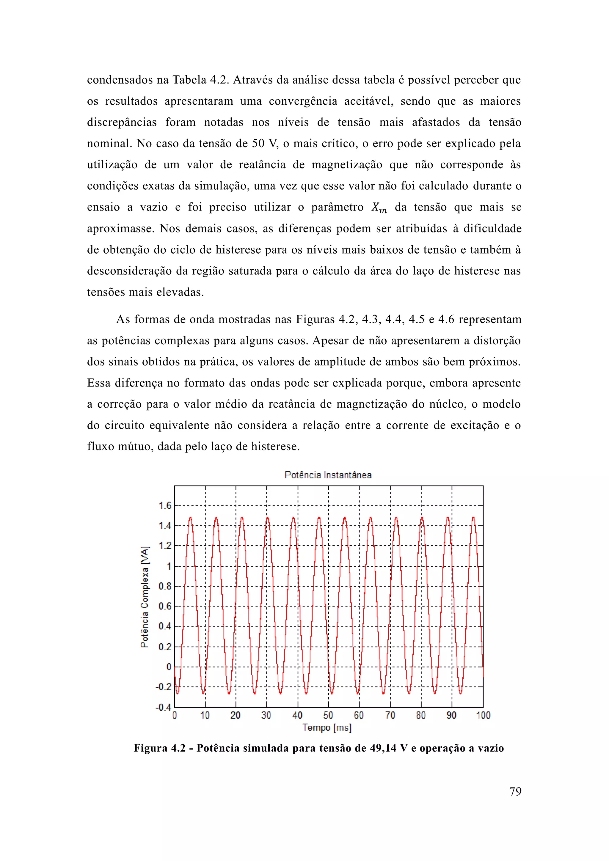 79 
condensados na Tabela 4.2. Através da análise dessa tabela é possível perceber que os resultados apresentaram uma convergência aceitável, sendo que as maiores discrepâncias foram notadas nos níveis de tensão mais afastados da tensão nominal. No caso da tensão de 50 V, o mais crítico, erro pode ser explicado pela utilização de um valor reatância magnetização que não corresponde às condições exatas da simulação, uma vez que esse valor não foi calculado durante o ensaio a vazio e foi preciso utilizar o parâmetro 푋푚 da tensão que mais se aproximasse. Nos demais casos, as diferenças podem ser atribuídas à dificuldade de obtenção do ciclo histerese para os níveis mais baixos tensão e também à desconsideração da região saturada para o cálculo área do laço de histerese nas tensões mais elevadas. 
As formas de onda mostradas nas Figuras 4.2, 4.3, 4.4, 4.5 e 4.6 representam as potências complexas para alguns casos. Apesar de não apresentarem a distorção dos sinais obtidos na prática, os valores de amplitude ambos são bem próximos. Essa diferença no formato das ondas pode ser explicada porque, embora apresente a correção para o valor médio da reatância de magnetização do núcleo, modelo do circuito equivalente não considera a relação entre corrente de excitação e o fluxo mútuo, dada pelo laço de histerese. 
Figura 4.2 - Potência simulada para tensão de 49,14 V e operação a vazio 
 