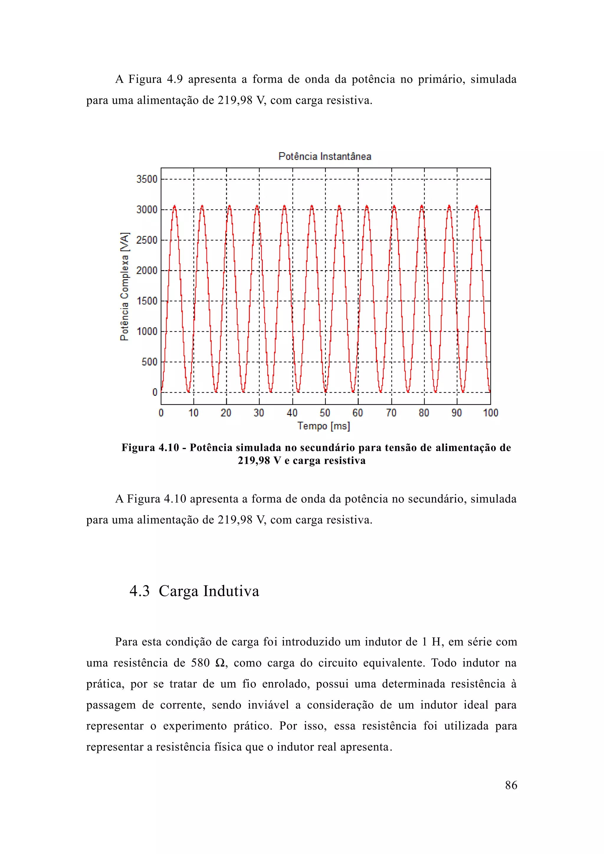 86 
A Figura 4.9 apresenta a forma de onda da potência no primário, simulada para uma alimentação de 219,98 V, com carga resistiva. 
Figura 4.10 - Potência simulada no secundário para tensão de alimentação de 219,98 V e carga resistiva 
A Figura 4.10 apresenta a forma de onda da potência no secundário, simulada para uma alimentação de 219,98 V, com carga resistiva. 
4.3 Carga Indutiva 
Para esta condição de carga foi introduzido um indutor de 1 H, em série com uma resistência de 580 Ω, como carga do circuito equivalente. Todo indutor na prática, por se tratar de um fio enrolado, possui uma determinada resistência à passagem de corrente, sendo inviável a consideração um indutor ideal para representar o experimento prático. Por isso, essa resistência foi utilizada para representar a resistência física que o indutor real apresenta.  