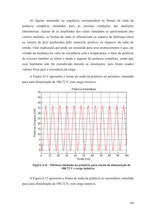 89 
As figuras mostradas na sequência correspondem às formas de onda da potência complexa simuladas para as mesmas condições das medições laboratoriais. Apesar de as amplitudes dos sinais simulados se aproximarem valores medidos, as formas de onda se diferenciam no aspecto diferença entre os valores de pico produzidos pelo semiciclo positivo ou negativo da onda tensão. Uma explicação que pode ser assumida para esse acontecimento é que, em virtude da mudança do valor de resistência com a temperatura, o fator potência do circuito também se altera e muda o aspecto da potência complexa, sendo que esse fenômeno não foi considerado durante as simulações, pois foram usados valores fixos para a resistência da carga. 
A Figura 4.11 apresenta a forma de onda da potência no primário, simulada para uma alimentação de 100,72 V, com carga resistiva. 
Figura 4.11 - Potência simulada no primário para tensão de alimentação 100,72 V e carga indutiva 
A Figura 4.12 apresenta a forma de onda da potência no secundário, simulada para uma alimentação de 100,72 V, com carga indutiva. 
 