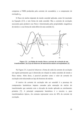 18 
compensa a FMM produzida pela corrente do secundário; e a componente de excitação 푖휑. 
O fluxo do núcleo depende da tensão senoidal aplicada, como foi mostrado na Equação (2.5), e tem forma de onda senoidal. Mas a corrente excitação necessária para produzir esse fluxo é determinada pelas propriedades magnéticas do núcleo e a sua forma de onda difere uma senóide [1]. 
Figura 2.5 – (a) Ondas de tensão, fluxo e corrente excitação um transformador; (b) Laço de histerese do material núcleo correspondente [1] 
Na Figura 2.5, é possível observar a forma de onda da corrente de excitação em regime permanente que é distorcida em relação às ondas senoidais de tensão e fluxo mútuo. Além disso, é possível perceber como o valor de corrente excitação está relacionado ao laço de histerese do núcleo. 
O motivo da corrente de excitação não ser senoidal é a presença componentes harmônicas ímpares causadas pela saturação do núcleo transformador que aumenta com a elevação da tensão aplicada ao enrolamento primário [7]. A principal componente harmônica é a terceira e, para transformadores típicos, ela costuma representar cerca de 40% da corrente de excitação.  