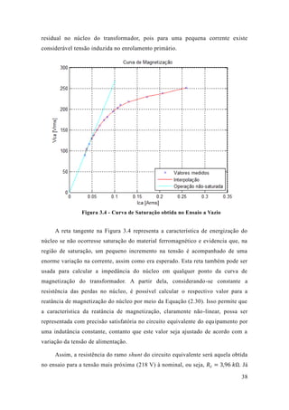 38 
residual no núcleo do transformador, pois para uma pequena corrente existe considerável tensão induzida no enrolamento primário. 
Figura 3.4 - Curva de Saturação obtida no Ensaio a Vazio 
A reta tangente na Figura 3.4 representa a característica de energização do núcleo se não ocorresse saturação do material ferromagnético e evidencia que, na região de saturação, um pequeno incremento na tensão é acompanhado uma enorme variação na corrente, assim como era esperado. Esta reta também pode ser usada para calcular a impedância do núcleo em qualquer ponto da curva de magnetização do transformador. A partir dela, considerando-se constante a resistência das perdas no núcleo, é possível calcular o respectivo valor para a reatância de magnetização do núcleo por meio da Equação (2.30). Isso permite que a característica da reatância de magnetização, claramente não-linear, possa ser representada com precisão satisfatória no circuito equivalente do equipamento por uma indutância constante, contanto que este valor seja ajustado de acordo com a variação da tensão de alimentação. 
Assim, a resistência do ramo shunt do circuito equivalente será aquela obtida no ensaio para a tensão mais próxima (218 V) à nominal, ou seja, 푅푐=3 96 푘Ω. Já  