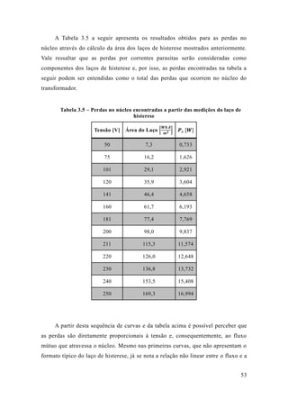 53 
A Tabela 3.5 a seguir apresenta os resultados obtidos para as perdas no núcleo através do cálculo da área dos laços de histerese mostrados anteriormente. Vale ressaltar que as perdas por correntes parasitas serão consideradas como componentes dos laços de histerese e, por isso, as perdas encontradas na tabela a seguir podem ser entendidas como o total das perdas que ocorrem no núcleo do transformador. 
Tabela 3.5 – Perdas no núcleo encontradas a partir das medições do laço de histerese 
Tensão [V] 
Área do Laço [ 푾풃.푨 풎ퟑ] 
푷풄 [푾] 50 7,3 0,733 
75 
16,2 
1,626 101 29,1 2,921 
120 
35,9 
3,604 141 46,4 4,658 
160 
61,7 
6,193 181 77,4 7,769 
200 
98,0 
9,837 211 115,3 11,574 
220 
126,0 
12,648 230 136,8 13,732 
240 
153,5 
15,408 250 169,3 16,994 
A partir desta sequência de curvas e da tabela acima é possível perceber que as perdas são diretamente proporcionais à tensão e, consequentemente, ao fluxo mútuo que atravessa o núcleo. Mesmo nas primeiras curvas, não apresentam formato típico do laço de histerese, já se nota a relação não linear entre o fluxo e a  