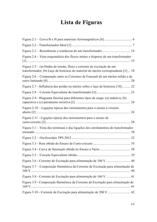 vii 
Lista de Figuras 
Figura 2.1 – Curva B x H para materiais ferromagnéticos [6] ............................... 6 
Figura 2.2 - Transformador Ideal [1] .................................... 7 
Figura 2.3 – Resistências e reatâncias de um transformador ................................ 14 
Figura 2.4 – Vista esquemática dos fluxos mútuo e disperso de um transformador [1] ..................................................... 15 
Figura 2.5 – (a) Ondas de tensão, fluxo e corrente excitação um transformador; (b) Laço de histerese do material núcleo correspondente [1] ... 18 
Figura 2.6 – Comparação entre as Correntes de Foucault um núcleo sólido e outro laminado [8] ............................................................. 20 
Figura 2.7 - Influência das perdas no núcleo sobre o laço de histerese [10] ......... 22 
Figura 2.8 – Circuito Equivalente do transformador [1] ...................................... 23 
Figura 2.9 - Diagrama fasorial para diferentes tipos de carga: (a) indutiva; b) capacitiva e (c) puramente resistiva [2] .............................................................. 24 
Figura 2.10 – Ligações típicas dos instrumentos para o ensaio a circuito aberto [2] .......................................... 26 
Figura 2.11 - Ligações típicas dos instrumentos para o ensaio de curto-circuito [2] ............................................................... 28 
Figura 3.1 – Vista dos terminais e das ligações enrolamentos do transformador ensaiado ............................................ 30 
Figura 3.2 – Osciloscópio TPS 2012 .................................. 32 
Figura 3.3 - Reta obtida do Ensaio de Curto-circuito .......................................... 35 
Figura 3.4 - Curva de Saturação obtida no Ensaio a Vazio .................................. 38 
Figura 3.5 – Circuito Equivalente obtido ............................................................ 39 
Figura 3.6 - Corrente de Excitação para alimentação 100 V ........................... 40 
Figura 3.7 – Composição Harmônica da Corrente de Excitação para alimentação 100 V ................................................ 40 
Figura 3.8 - Corrente de Excitação para alimentação 160 V ........................... 41 
Figura 3.9 - Composição Harmônica da Corrente de Excitação para alimentação 160 V ................................................ 41 
Figura 3.10 - Corrente de Excitação para alimentação de 200 V ......................... 42  