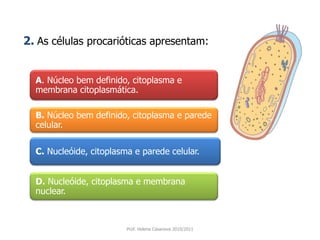 A. Núcleo bem definido, citoplasma e
membrana citoplasmática.
B. Núcleo bem definido, citoplasma e parede
celular.
C. Nucleóide, citoplasma e parede celular.
D. Nucleóide, citoplasma e membrana
nuclear.
Prof. Helena Casanova 2010/2011
2. As células procarióticas apresentam:
 