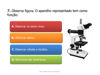 A. Observar os seres vivos.
B. Observar astros.
C. Observar células e tecidos.
D. Nenhuma das anteriores.
Prof. Helena Casanova 2010/2011
7. Observa figura. O aparelho representado tem como
função:
 
