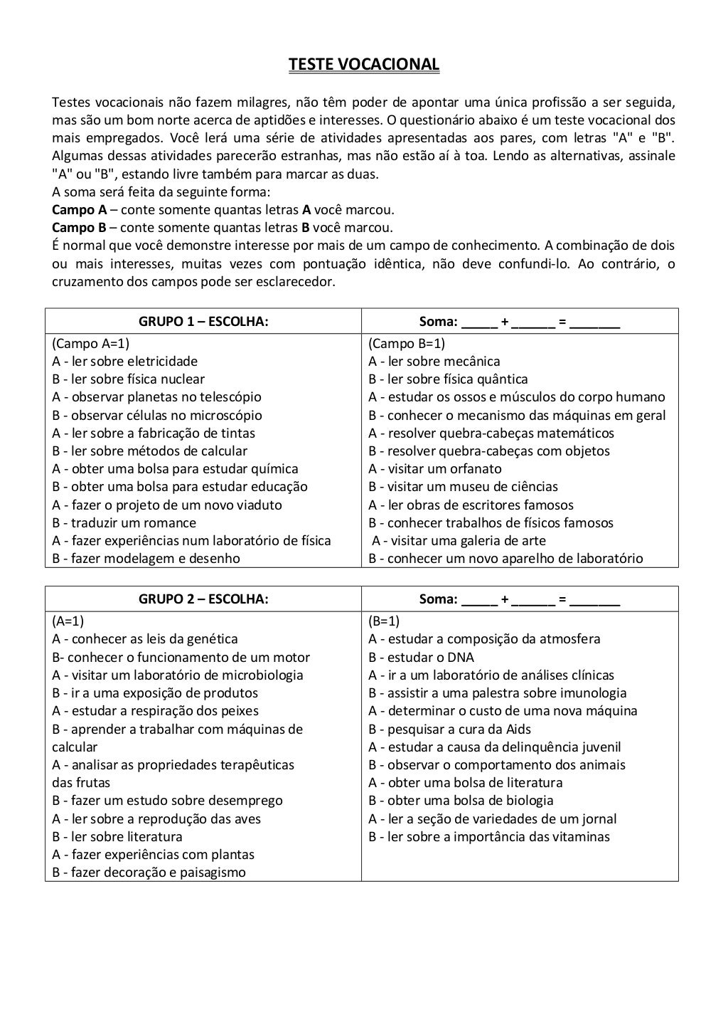 Teste Vocacional Para Imprimir Com Gabarito - RETOEDU