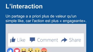 L’interaction
Un partage a a priori plus de valeur qu'un
simple like, car l'action est plus « engageante».
 