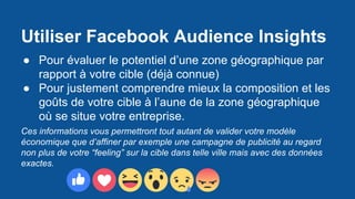 Utiliser Facebook Audience Insights
● Pour évaluer le potentiel d’une zone géographique par
rapport à votre cible (déjà connue)
● Pour justement comprendre mieux la composition et les
goûts de votre cible à l’aune de la zone géographique
où se situe votre entreprise.
Ces informations vous permettront tout autant de valider votre modèle
économique que d’affiner par exemple une campagne de publicité au regard
non plus de votre “feeling” sur la cible dans telle ville mais avec des données
exactes.
 