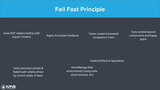 Fail Fast Principle
Does NOT replace testing (still
require Testers)
Own/Manage their
environments (using tools,
cloud services, etc)
Testers/Effective Specialists:
Rapid, Prioritized Feedback
Tester owned Automated
Acceptance Tests
Tests extend beyond
components and happy
paths
Tests execution priority &
‘failed build’ criteria driven
by current needs of team
 