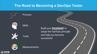 The Road to Becoming a DevOps Tester
Process
Skills
Tools
Measurements
Build your ROADMAP to
adopt the Fail-fast principle
and help you become
successful
 