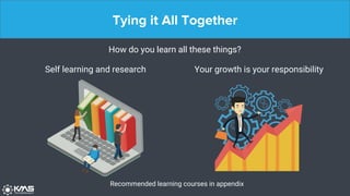 Tying it All Together
How do you learn all these things?
Self learning and research Your growth is your responsibility
Recommended learning courses in appendix
 