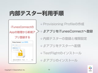 ڲƥ` 
Copylrght ? Classmethod, Inc. 
Provisioning Profile 
¥ץiTunesConnectصh 
ڲƥ`εhȘO 
¥ץƥ` 
TestFlightΥ󥹥ȩ` 
¥ץΥ󥹥ȩ` 
10 
! 
iTunesConnect 
AppιҎ 
ץh 
 