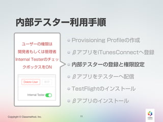 ڲƥ` 
Copylrght ? Classmethod, Inc. 
Provisioning Profile 
¥ץiTunesConnectصh 
ڲƥ`εhȘO 
¥ץƥ` 
TestFlightΥ󥹥ȩ` 
¥ץΥ󥹥ȩ` 
11 
! 
``Θޤ 
_kߤ⤷Ϲ 
Internal TesterΥ 
ܥåON 
 