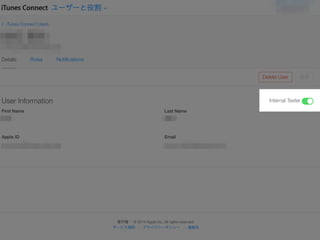 ڲƥ` 
Copylrght ? Classmethod, Inc. 
Provisioning Profile 
¥ץiTunesConnectصh 
ڲƥ`εhȼ~ 
¥ץƥ` 
TestFlightΥ󥹥ȩ` 
¥ץΥ󥹥ȩ` 
12 
! 
Xcodeǥ`֤ơ 
iTunesConnectإ 
ߥå 
! 
iTunesConnectΥץ 
`椫顢 
Υƥ`д 
 