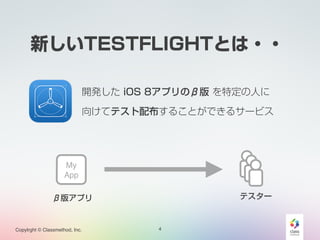 ¤TESTFLIGHTȤ?? 
Copylrght ? Classmethod, Inc. 
_k iOS 8ץΦ° ضˤ 
򤱤ƥƥ䲼뤳ȤǤ륵`ӥ 
4 
ƥ` 
My! 
App 
°楢ץ 
 
