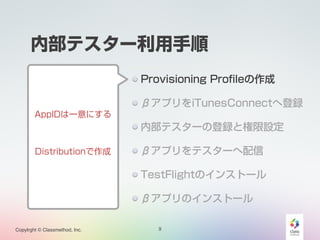 ڲƥ` 
AppIDһˤ 
!! 
Distribution 
!! UDIDϵhҪ 
Provisioning Profile 
¥ץiTunesConnectصh 
ڲƥ`εhȘO 
¥ץƥ` 
TestFlightΥ󥹥ȩ` 
¥ץΥ󥹥ȩ` 
Copylrght ? Classmethod, Inc. 9 
 
