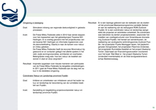 Omgeving in beweging                                                        Resultaat: Er is een bijdrage geleverd aan de realisatie van de doelen
                                                                                       uit het provinciaal Meerjarenprogramma Landelijk Gebied
Doel:      Stimuleren inbreng van regionale deskundigheid in gebieds-                  en aan de realisering van de restopgave ROM Zuidoost
           processen.                                                                  Fryslân. Er is een coördinator natuur en landschap aange-
                                                                                       steld die projecten en activiteiten ontwikkelt. De coördinator
Inzet:     De Friese Milieu Federatie zette in 2010 haar eerste stappen                was betrokken bij dertien projectactiviteiten, waaronder het
           voor het meewerken aan het gebiedsproject Traverse N31                      instellen van overlegstructuren voor Groenblauwe doorade-
           Harlingen. Er is overleg gevoerd met het projectbureau van                  ring Zuidoost Fryslân, het herstel van eendenkooien, de
           de traverse N31 Harlingen en informatie ingewonnen over                     realisering van ecologische verbindingszones Zuidoost Frys-
           de planontwikkeling. Daarbij is naar de kansen voor natuur                  lân, het projectplan Fryske Marsiggen Iepen, het beplantin-
           en milieu gekeken.                                                          genplan Dongeradeel, het projectplan Flearmûs Ûnderdak,
           De Friese Milieu Federatie heeft de excursie Woonnatuur bij-                het projectplan Ruimtelijke Kwaliteit en het project Vlaskamp
           gewoond en er contacten gelegd met allerlei spelers in het                  Tuinen. Daarnaast zijn financieringsverzoeken voorbereid
           veld, zoals woningcorporaties, architecten en overheden.                    voor het boek ‘Wat West is’, het project Vlaskamp Tuinen
           Belangrijkste vraag was: hoe kan natuur de kwaliteit van                    (onderdeel inventarisatie) en de Visie landgoederenland-
           wonen in stad en dorp vergroten?                                            schap Beetsterszwaag.

Resultaat: Inspiratie opgedaan over nieuwe manieren van participatie
           van de Friese Milieu Federatie bij dergelijke ontwikkelingen.
           In 2011 gaat de Friese Milieu Federatie aan de slag met na-
           tuur in de stedelijke omgeving.

Coördinator Natuur en Landschap provincie Fryslân

Doel:      Initiëren en ontwikkelen van initiatieven vanuit het kader na-
           tuur en landschap ter bevordering van de ruimtelijke kwali-
           teit van Fryslân.

Inzet:     Aanstelling en begeleiding projectvoorbereider natuur en
           landschap provincie Fryslân.




                                                                                                                                                        16
 