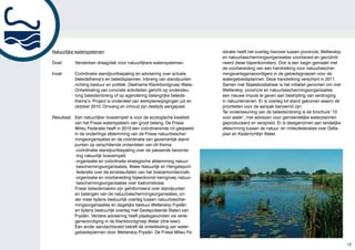 Natuurlijke watersystemen                                                  deratie heeft het overleg hierover tussen provincie, Wetterskip
                                                                           en natuurbeschermingsorganisaties voorbereid en gecoördi-
Doel:      Versterken draagvlak voor natuurlijkere watersystemen.          neerd (twee bijeenkomsten). Ook is een begin gemaakt met
                                                                           de voorbereiding van een handreiking voor natuurbescher-
Inzet:     Coördinatie standpuntbepaling en advisering over actuele        mingsvertegenwoordigers in de gebiedsgroepen voor de
           beleidsthema’s en beleidsplannen. Inbreng van standpunten       watergebiedsplannen. Deze handreiking verschijnt in 2011.
           richting bestuur en politiek. Deelname Klankbordgroep Water.    Samen met Staatsbosbeheer is het initiatief genomen om met
           Ontwikkeling van concrete activiteiten gericht op ondersteu-    Wetterskip, provincie en natuurbeschermingsorganisaties
           ning beleidsinbreng of op agendering belangrijke beleids-       een nieuwe impuls te geven aan bestrijding van verdroging
           thema’s. Project is onderdeel van werkplanwijzigingen juli en   in natuurterreinen. Er is overleg tot stand gekomen waarin de
           oktober 2010. Omvang en inhoud zijn destijds aangepast.         prioriteiten voor de aanpak benoemd zijn.
                                                                           Ter ondersteuning van de beleidsinbreng is de brochure ‘10
Resultaat: Een natuurlijker boezempeil is voor de ecologische kwaliteit    voor water’, met adviezen voor gemeentelijke waterplannen
           van het Friese watersysteem van groot belang. De Friese         geproduceerd en verspreid. Er is deelgenomen aan landelijke
           Milieu Federatie heeft in 2010 een coördinerende rol gespeeld   afstemming tussen de natuur- en milieufederaties over Delta-
           in de onderlinge afstemming van de Friese natuurbescher-        plan en Kaderrichtlijn Water.
           mingsorganisaties en de coördinatie van gezamenlijk stand-
           punten op verschillende onderdelen van dit thema:
           -coördinatie standpuntbepaling over de passende beoorde-
            ling natuurlijk boezempeil;
           -organisatie en coördinatie strategische afstemming natuur-
            beschermingsorganisaties, Water Natuurlijk en Hengelsport-
            federatie over de eindresultaten van het boezemonderzoek;
           -organisatie en voorbereiding bijeenkomst kerngroep natuur-
            beschermingsorganisaties over toekomstvisie.
           Friese beleidsmakers zijn geïnformeerd over standpunten
           en belangen van de natuurbeschermingsorganisaties, on-
           der meer tijdens bestuurlijk overleg tussen natuurbescher-
           mingsorganisaties en dagelijks bestuur Wetterskip Fryslân
           en tijdens bestuurlijk overleg met Gedeputeerde Staten van
           Fryslân. Verdere advisering heeft plaatsgevonden via verte-
           genwoordiging in de Klankbordgroep Water (drie keer).
           Een ander aandachtsveld betreft de ontwikkeling van water-
           gebiedsplannen door Wetterskip Fryslân. De Friese Milieu Fe-

                                                                                                                                             18
 