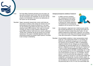 Inzet:     De Friese Milieu Federatie gaf leiding aan het project. Uit-    Verlaging Ecologische voetafdruk Friesland II
           gevoerde activiteiten waren onder meer het samenstellen
           van een stuurgroep, het ontwikkelen van de vorm van het         Doel:      In 2009 is met een nulmeting
           project en de onderdelen, het werven van deelnemers en                     een meerjarig provinciaal traject
           het voeren van het secretariaat.                                           gestart ten behoeve van stimule-
                                                                                      ring van duurzaamheid. In 2010
Resultaat: Negen Leeuwarder basisscholen namen actief deel aan                        is opnieuw een meting uitgevoerd
           het project en hebben onder andere een bezoek met rond-                    met betrekking tot de ecologische
           leiding gebracht aan Ecopark de Wierde en in het kader                     voetafdruk van de inwoners van Fryslân.
           van een wedstrijd geknutseld met afval. Verder was er een
           wedstrijd tussen MBO-studenten. Wie maakt het mooiste           Inzet:     Het onderzoek is uitgevoerd door middel van een schrifte-
           voorwerp van afval en ander kosteloos materiaal? Een                       lijke enquête gepubliceerd in de november 2010 editie van
           groep MBO-studenten heeft tevens een recycle voetbaldoel                   het groene huis-aan-huisblad Natuurlijk Fryslân. Om een
           ‘Smiley Goal’ ontwikkeld dat als prijs diende voor de beste                aselecte steekproef te waarborgen is gekozen voor publica-
           basisschool. Het project is feestelijk afgesloten tijdens een              tie in deze krant omdat deze provinciebreed wordt verspreid
           prijsuitreiking waarbij de groepen bijeen kwamen. Inmiddels                onder alle huishoudens in Friesland (oplage 270.000).
           is een vervolg in ontwikkeling.
                                                                           Resultaat: De gemiddelde voetafdruk in deze representatieve steek-
                                                                                      proef van 1.275 onderzochte Friezen is 4,19 hectare. Dit
                                                                                      betekent een significante verlaging van 0,22 ha (4,99%)
                                                                                      ten opzichte van de nulmeting in 2009. In voetbalvelden
                                                                                      uitgedrukt betekent dit een verlaging van het gemiddelde
                                                                                      ruimtebeslag van iemands leefstijl van 0,37 voetbalveld per
                                                                                      persoon. Uitgaande van 521.491 inwoners van Friesland van
                                                                                      15 jaar en ouder (bevolkingsgegevens 2006) resulteert dit
                                                                                      in een vermindering van het totale ruimtebeslag van114.728
                                                                                      ha. wat overeenkomt met 191.213 voetbalvelden. De voetaf-
                                                                                      druk wordt berekend op basis van 15 onderdelen. Hiervan
                                                                                      behoren 10 tot het persoonlijk deel (categorieën: voeding,
                                                                                      kleding, vakanties en vervoer) en 5 tot het huishoudelijk deel
                                                                                      (categorieën: grondoppervlak, duurdere artikelen, papier- en
                                                                                      energieverbruik). Gemiddeld wordt het duurzaamheidsgehalte
                                                                                      van de leefstijl van de respondenten voor 79% bepaald door
                                                                                      het persoonlijk deel en voor 21% door het huishoudelijk deel.

                                                                                                                                                       29
 