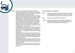 Resultaat: In de inzet van de Friese Milieu Federatie hebben drie        Actuele milieuzaken en ontwikkelingen
           thema’s centaal gestaan: ammoniakbeleid, de provinciale
           landbouwagenda 2010-2013 en de midtermreview Provinci-        Doel:      Als belangenbehartigende organisatie adequaat inspelen op
           aal Meerjarenprogramma Landelijk Gebied                                  actuele milieukwesties op grond van vragen of andere input
           Ammoniak. Vertegenwoordiging van het natuur- en milieu-                  uit de aangesloten organisaties of van inwoners van Fryslân.
           belang in de provinciale themagroep Ammoniak en N2000;
           begeleiding pilot Programmatische Aanpak Stikstof (PAS)       Inzet:     Variabel: van inspraakreactie tot bijeenkomst.
           N2000 Ameland; voorbereiding inbreng natuurbescher-
           mingsorganisaties in de provinciale invulling van Program-    Resultaat: Voorbereiding inbreng van de Friese Milieu Federatie in or-
           matische Aanpak Stikstof (PAS); deelname aan landelijke                  ganisatie maatschappelijke dialoog CCS-Noord Nederland
           afstemming hierover. Agendering naleving maatwerkop-                     (CO2 opslag in de bodem van Noord-Nederland).
           lossingen Wet Ammoniak en Veehouderij, veldbezoek en
           overleg met lokale natuurorganisatie, overleg met en ‘hand-
           havingsverzoek ‘ aan de provincie.
           Landbouwagenda: deelname aan Landbouwdag. Raadple-
           ging achterban met betrekking tot de Landbouwagenda.
           Ten behoeve van de statenbehandeling zijn statenfracties
           geïnformeerd over de standpunten van de natuur en milieu-
           organisaties.
           Gezamenlijk standpunt natuurbeschermingsorganisaties
           midtermreview Provinciaal Meerjaren-programma Landelijk
           Gebied voorbereid: opstellen speerpuntenlijst, organiseren
           afstemmings-overleg natuurbeschermingsorganisaties en
           overleg met provincie.
           Milieueffectrapportage Continuering zoutwinning in Noord-
           west Fryslân bestudeerd en afgestemd met natuurorganisa-
           ties. De Friese Milieu Federatie is medeondertekenaar van
           gezamenlijke reactie.
           Beoordelen van en, indien nodig, advisering over door de
           provincie toegezonden (aanvragen voor) ontgrondingver-
           gunningen.




                                                                                                                                                   31
 