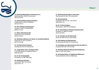 Bijlage 2



18. Stichting Milieuplatform Heerenveen e.o.                27. Stichting Bomenridders Leeuwarden
Sjollemastraat 6, 8442 JS Heerenveen                        Stienserstraat 22, 8917 CE Leeuwarden
(0513) 62 49 07
                                                            28. Bomenstichting
19. Stichting Milieuwurkgroep Boalsert                      Oudegracht 201-bis, 3511 NG Utrecht
It Waarlamke 5, 8702 CT Bolsward                            (030) 234 07 78
(0515) 57 38 12
                                                            29. St. It Griene Erfgoed
20. IVN, afdeling Ooststellingwerf                          Ottemaweg 4, 9254 HG Hurdegaryp
Lijnakker 5, 8431 PJ Oosterwolde
(0516) 51 53 81                                             30. St. Voorlichting en Educatie Amateurtuinder
                                                            Gudsekop 19, 8604 CV Sneek
21. Milieu Aktief Skarsterlân                               (0515) 42 55 95
Plusterdyk 5, 8512 AH Broek
(0513) 41 28 51                                             31. St. Vrienden van het Nannewiid
                                                            Streek 20, 8464 NC Sint Johannesga
22. Stichting tot Behoud van Natuur en Landschap Nijefurd
Pastorywei 15, 8721 GS Warns                                32. IVN afdeling de Súdwesthoeke
(0515) 44 30 89                                             De Flechtreed 29, 8567 KC Oudemirdum

23. IVN Noord-Oost Friesland                                33. Vereniging voor Natuurbescherming Gorredijk e.o.
Hereweg 39, 9104 CS Damwoude                                Langewal 28A, 8401 DE Gorredijk

24. Jeugd Natuur Club “The Nature Kids”                     34. Stichting Historisch Belang Noord-Nederland
G. Emersonstrjritte 59, 9088 BG Wirdum                      Wylp 15, 9247 GH Ureterp
(058) 255 33 31
                                                            35. Vereniging Natuur en Vogelwacht Bakkeveen
25. St. Van Ommenpolder                                     Foarwurkerwei 8a, 9243 JZ Bakkeveen
De Skatting 18, 8621 BW Heeg

26. Werkgroep Kerkuilen
Lipomwijk 2, 9247 CH Ureterp
(0512) 30 31 74


                                                                                                                               56
 