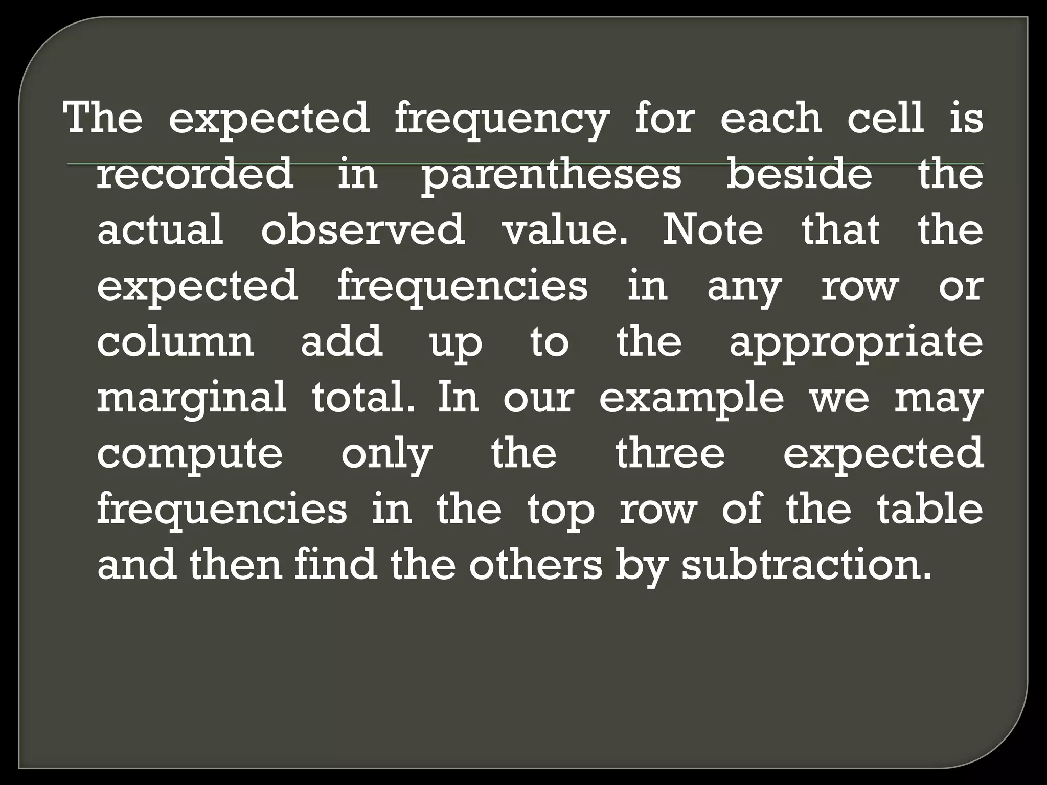 The expected frequency for each cell is
 recorded in parentheses beside the
 actual observed value. Note that the
 expected frequencies in any row or
 column add up to the appropriate
 marginal total. In our example we may
 compute only the three expected
 frequencies in the top row of the table
 and then find the others by subtraction.
 