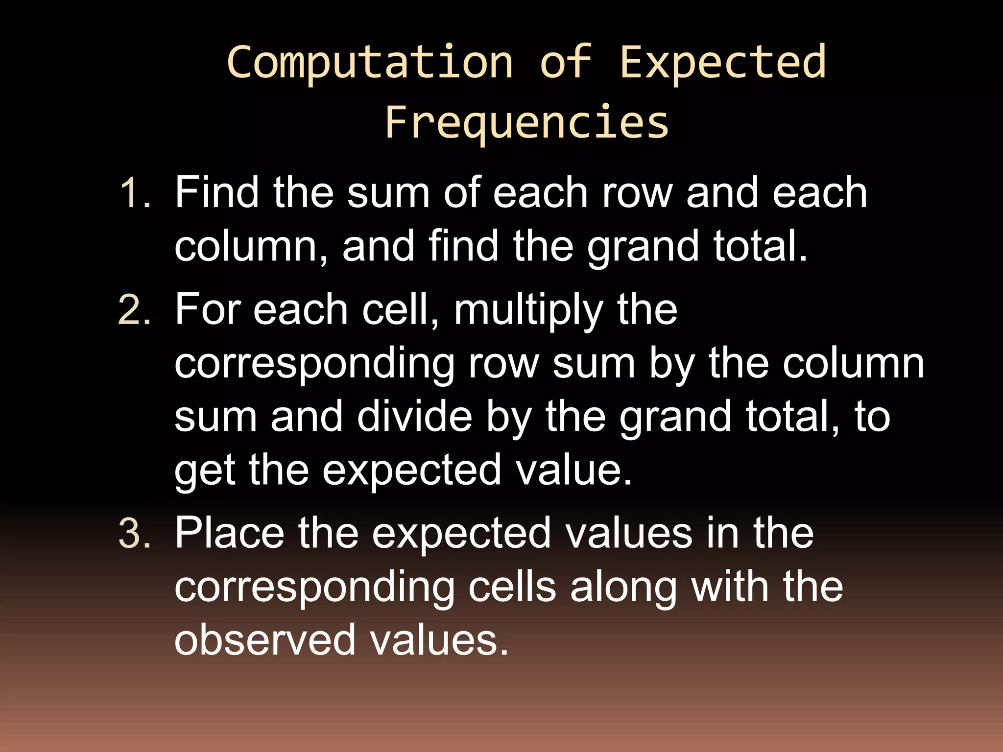 Computation of Expected
           Frequencies
1. Find the sum of each row and each
   column, and find the grand total.
2. For each cell, multiply the
   corresponding row sum by the column
   sum and divide by the grand total, to
   get the expected value.
3. Place the expected values in the
   corresponding cells along with the
   observed values.
 