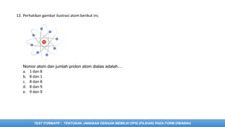 TEST FORMATIF : TENTUKAN JAWABAN DENGAN MEMILIH OPSI (PILIHAN) PADA FORM DIBAWAH
13. Perhatikan gambar ilustrasi atom berikut ini;
Nomor atom dan jumlah proton atom diatas adalah....
a. 1 dan 8
b. 8 dan 1
c. 8 dan 8
d. 8 dan 9
e. 9 dan 9
 