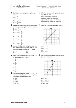 www.tioheraclito.com   Lista de Exercícios – Funções de 1º e 2º Graus
        Matemática                  Professor: Heráclito




www.tioheraclito.com                                                      1
 