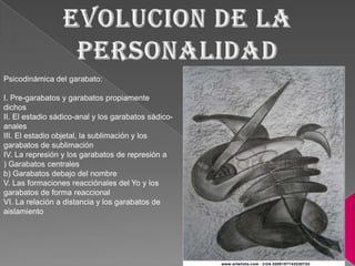 Psicodinámica del garabato:

I. Pre-garabatos y garabatos propiamente
dichos
II. El estadio sádico-anal y los garabatos sádico-
anales
III. El estadio objetal, la sublimación y los
garabatos de sublimación
IV. La represión y los garabatos de represión a
) Garabatos centrales
b) Garabatos debajo del nombre
V. Las formaciones reacciónales del Yo y los
garabatos de forma reaccional
VI. La relación a distancia y los garabatos de
aislamiento
 