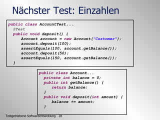 Nächster Test: Einzahlen public   class  AccountTest ... @Test public   void  deposit() { Account account =  new  Account(...