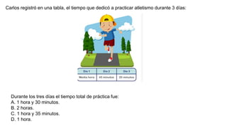 Carlos registró en una tabla, el tiempo que dedicó a practicar atletismo durante 3 días:
Durante los tres días el tiempo total de práctica fue:
A. 1 hora y 30 minutos.
B. 2 horas.
C. 1 hora y 35 minutos.
D. 1 hora.
 