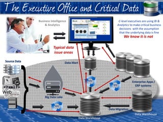Data Warehouse
ETL
Data Warehouse
ETL
Mainframe
Business Intelligence
& Analytics
C-level executives are using BI &
Analytics to make critical business
decisions with the assumption
that the underlying data is fine
ETL
We know it is not
Typical data
issue areas
The Executive Office and Critical Data
 
