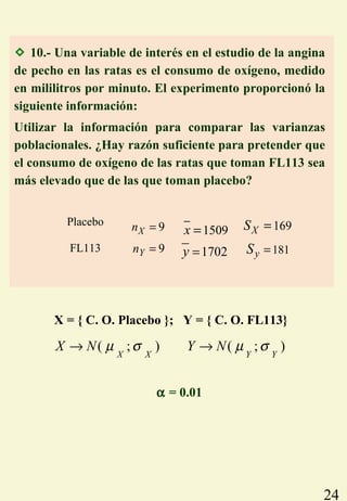 24
 10.- Una variable de interés en el estudio de la angina
de pecho en las ratas es el consumo de oxígeno, medido
en mililitros por minuto. El experimento proporcionó la
siguiente información:
Placebo
FL113
Utilizar la información para comparar las varianzas
poblacionales. ¿Hay razón suficiente para pretender que
el consumo de oxígeno de las ratas que toman FL113 sea
más elevado que de las que toman placebo?
9Xn =
9Yn =
1509x =
1702y =
169XS =
181yS =
X = { C. O. Placebo }; Y = { C. O. FL113}
( ; )X X
X N µ σ→ ( ; )Y Y
Y N µ σ→
α = 0.01
 